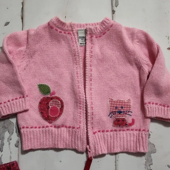 Y2K OshKosh B'gosh A For Apple Pink Knit Toddler Sweater 3pc Set 12/18m - Picture 4 of 11